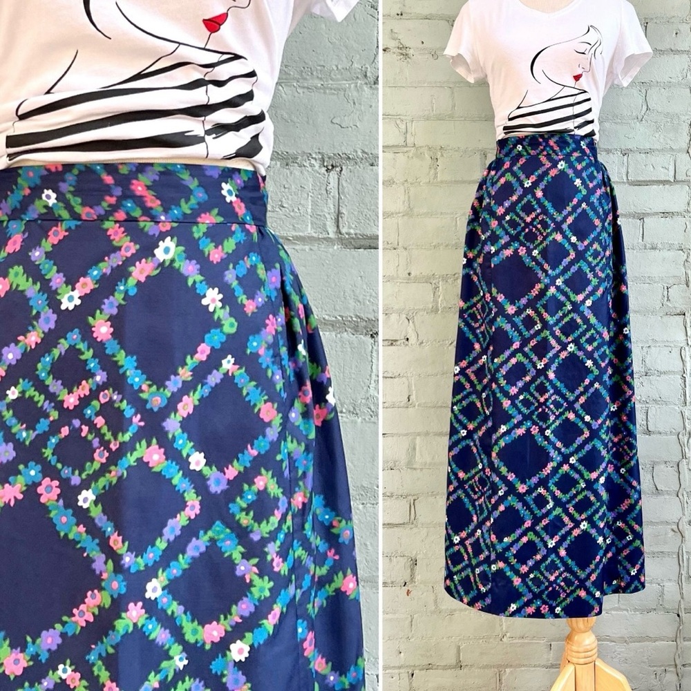 Vintage 70s Floral Blue Maxi Skirt